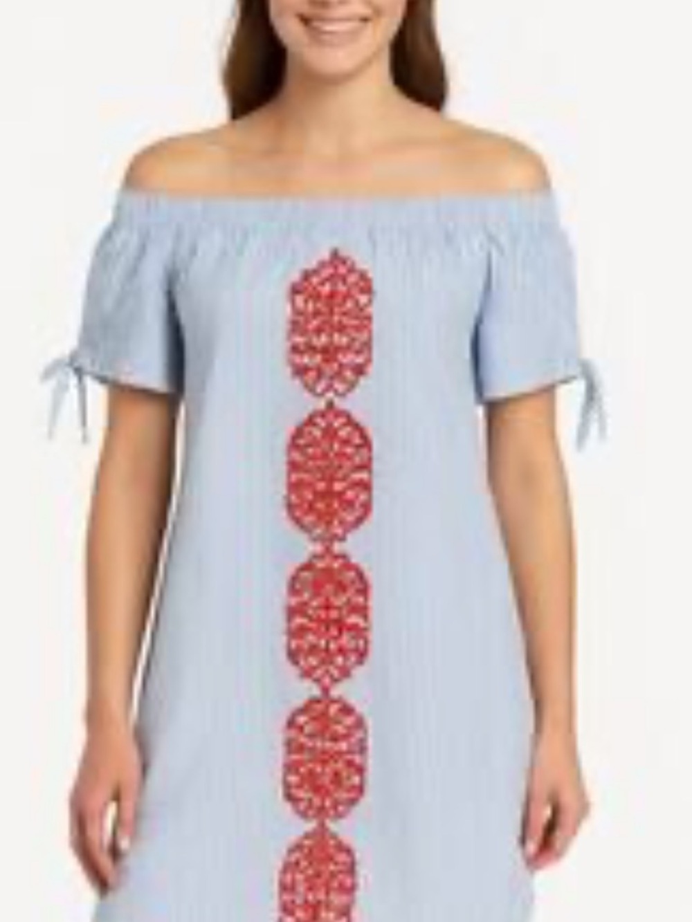 MACBETH Off-Shoulder Blue Stripe Dress with Red Embroidered Trim! S